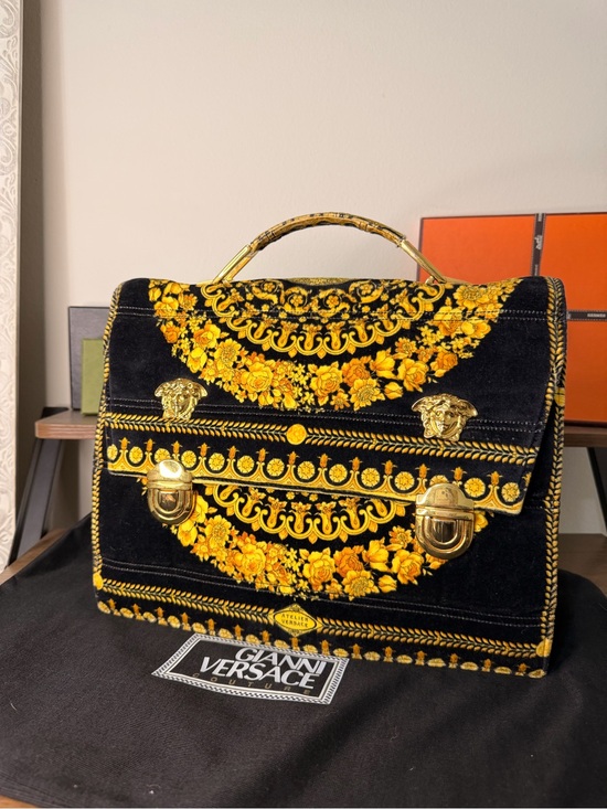 Versace Handbags - AUTHENTIC - RARE Gianni Versace Gold and Black Velvet Briefcase W/ Medusas